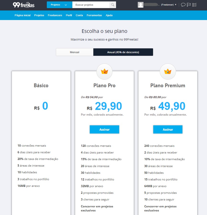 tabela de planos atualizados para redator freelancer nas plataformas 99freelas e workana