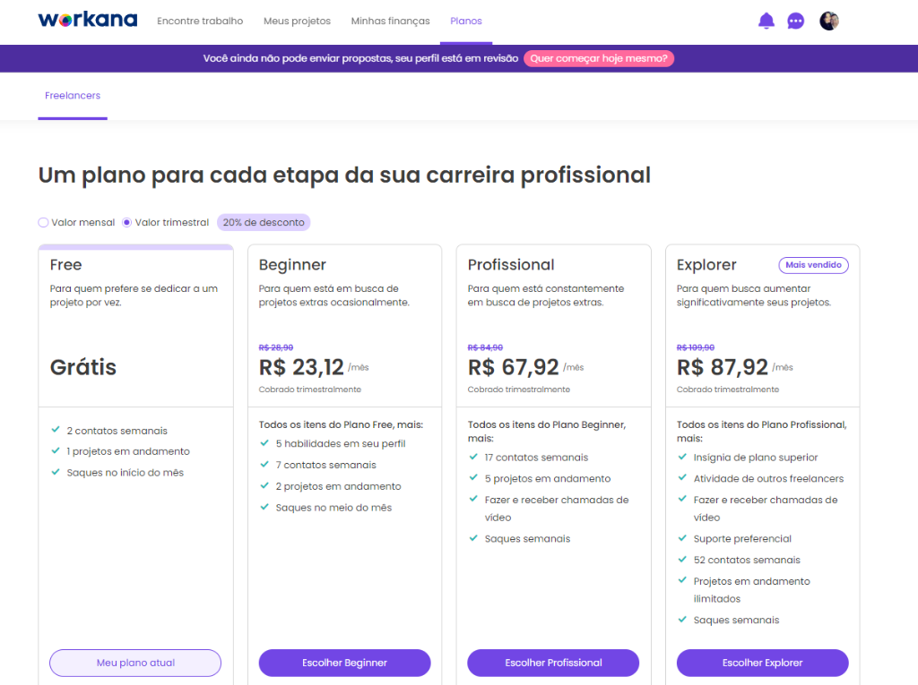planos mensais da workana para freelancers com limites de propostas e beneficios